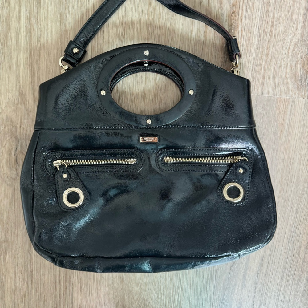 Kate Spade Black Patent Leather top handle bag with optional strap